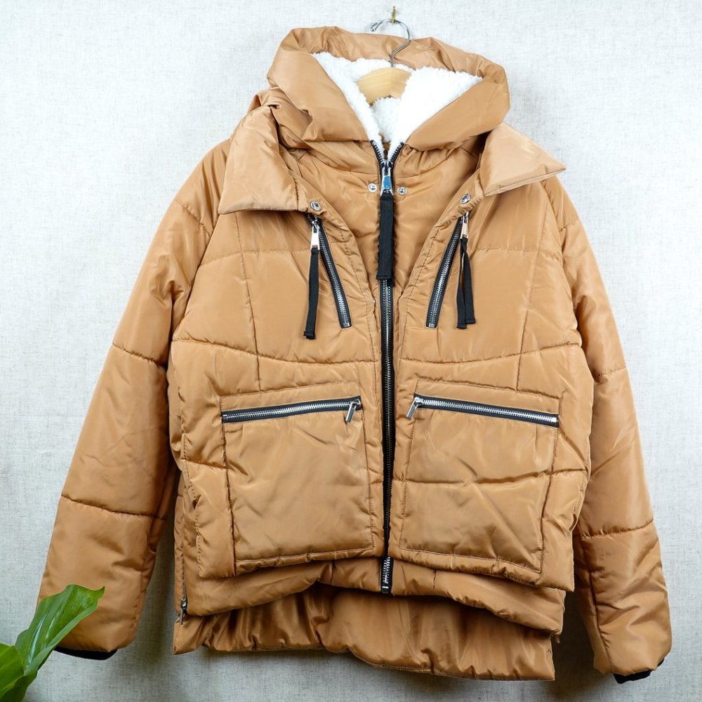 7 For All Mankind Thermal Puff Jacket Tan Sherpa Hood Size M NWT